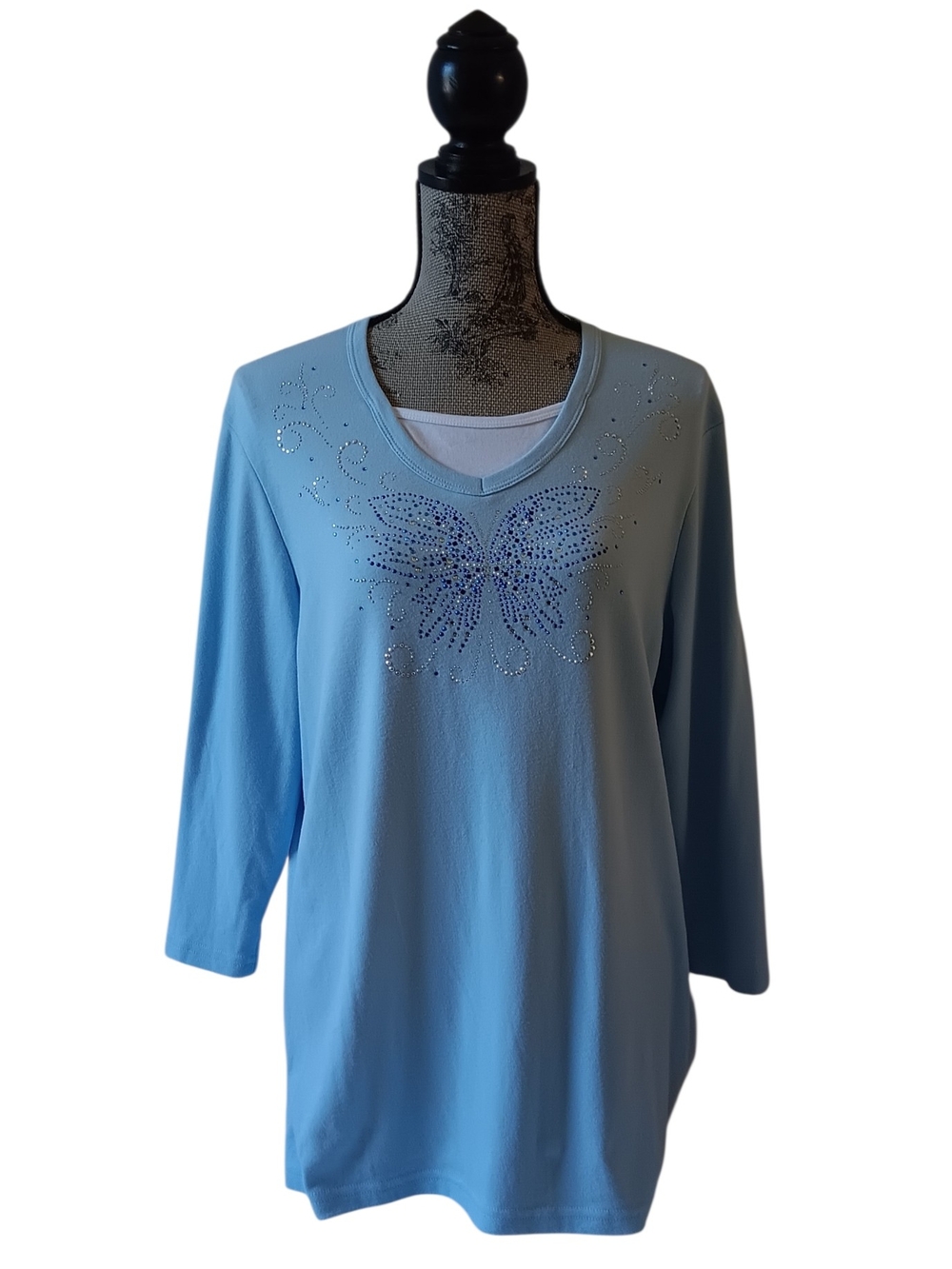 Decorated Originals womens light blue faux gem long-sleeve butterfly top size XL